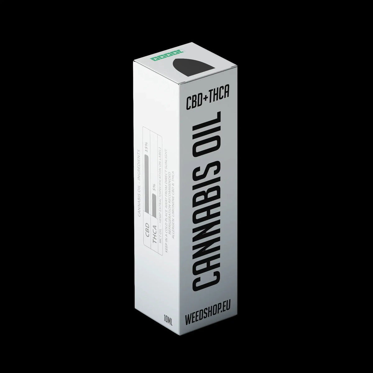 Cannabis oil packaging with 'WEEDSHOP.EU' branding on a black background THCA oil