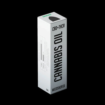 Cannabis oil packaging with 'WEEDSHOP.EU' branding on a black background THCA oil