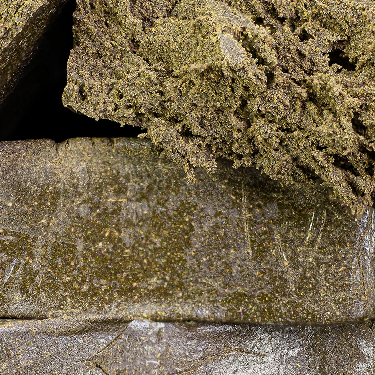 Close-up of Manali Cream THCA hash showing soft golden interior