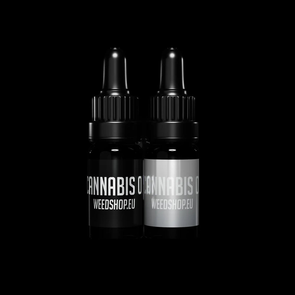 Two black bottles with 'Cannabis' labels on a black background
