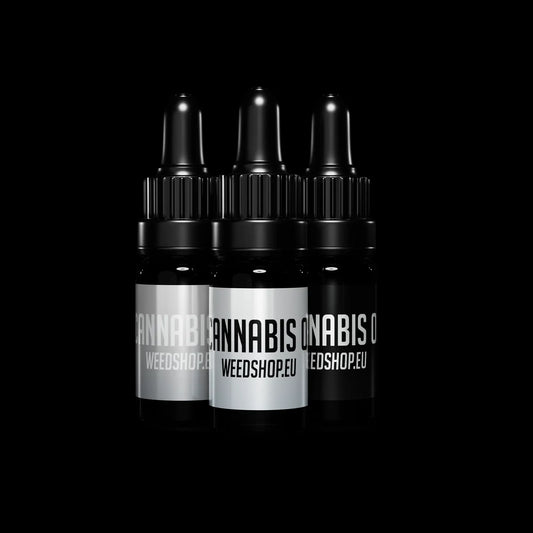 Three Cannabis Weedsop.eu dropper bottles on a black background